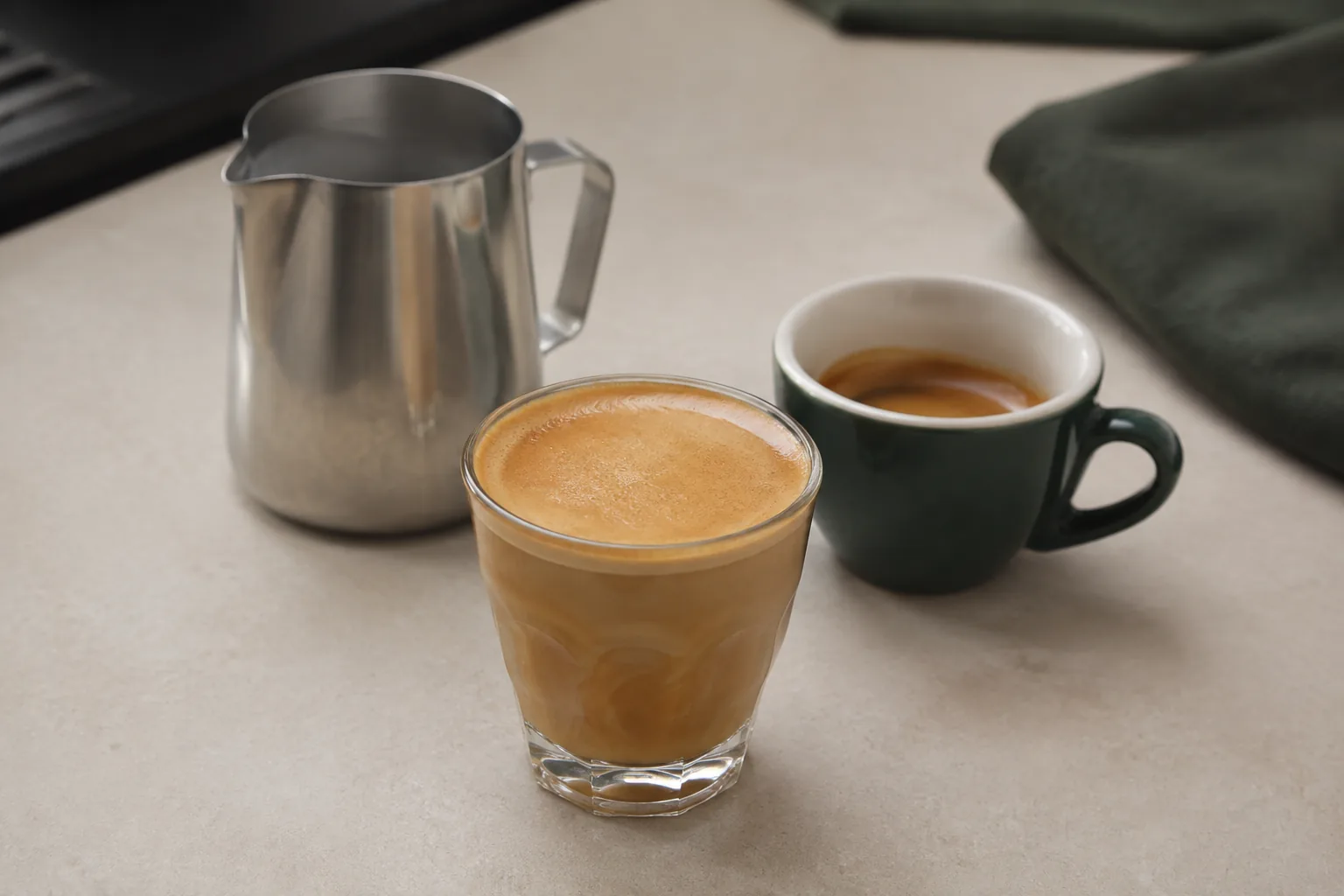 A small clear cortado with glossy thin microfoam beside an espresso cup and milk pitcher