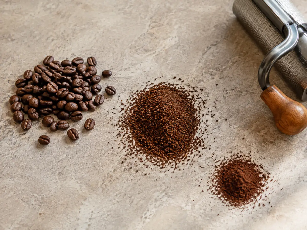 Decaf coffee beans beside medium grounds showing a small amount of fine coffee dust