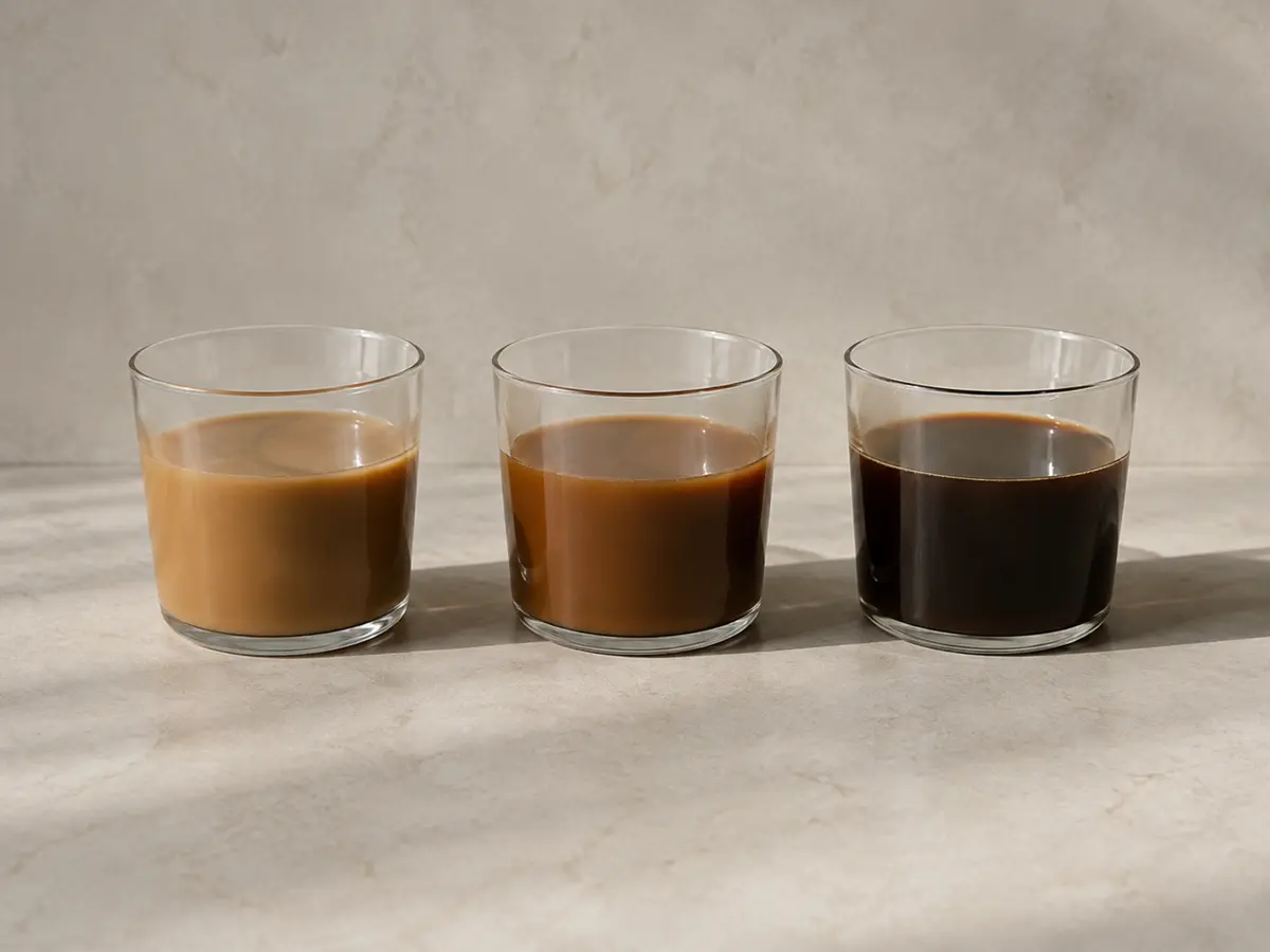 Three clear cups of decaf coffee showing pale weak, balanced brown, and dark over-extracted brews