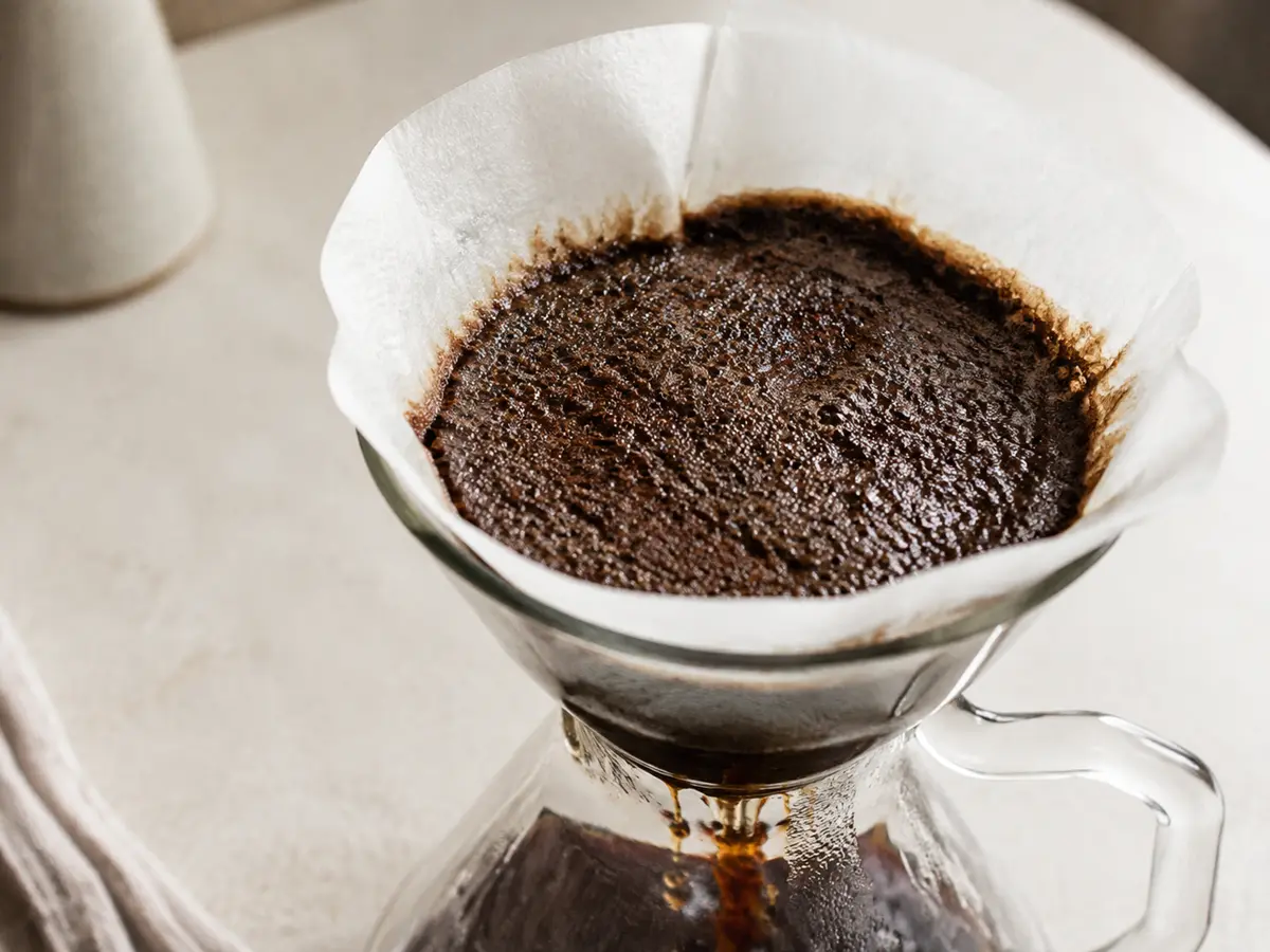Evenly saturated decaf coffee grounds draining in a paper filter with no dry pockets