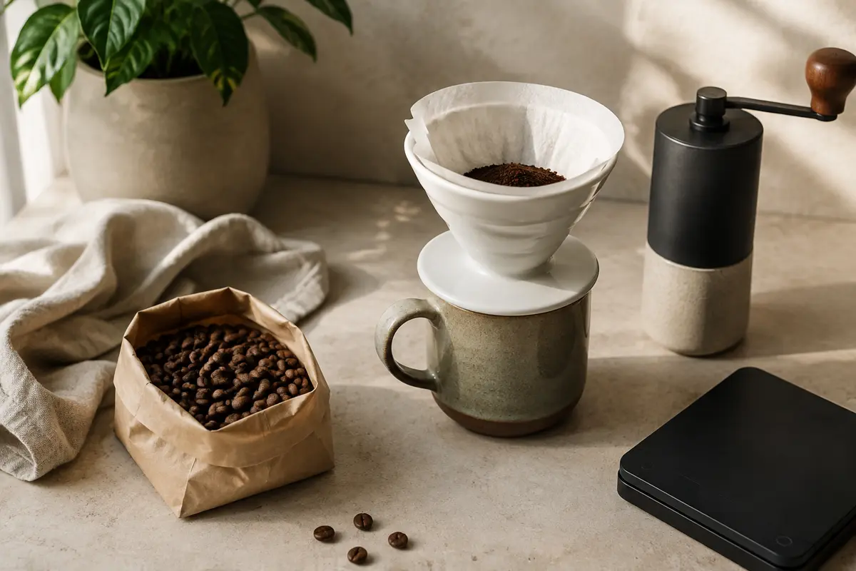 Fresh decaf coffee beside roasted beans, a paper dripper, and a small grinder