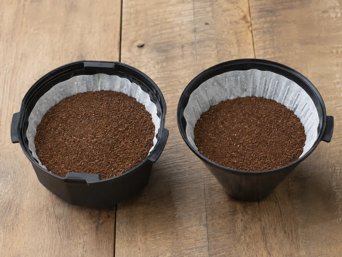 Flat-bottom and cone drip coffee baskets containing level beds of medium-ground coffee