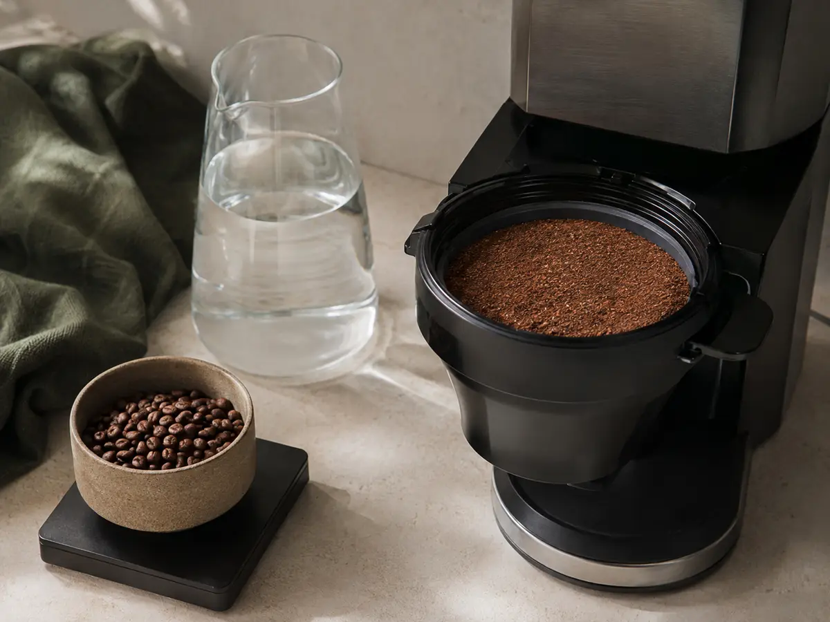 Measured coffee and water beside a flat-bottom drip basket prepared for a medium batch