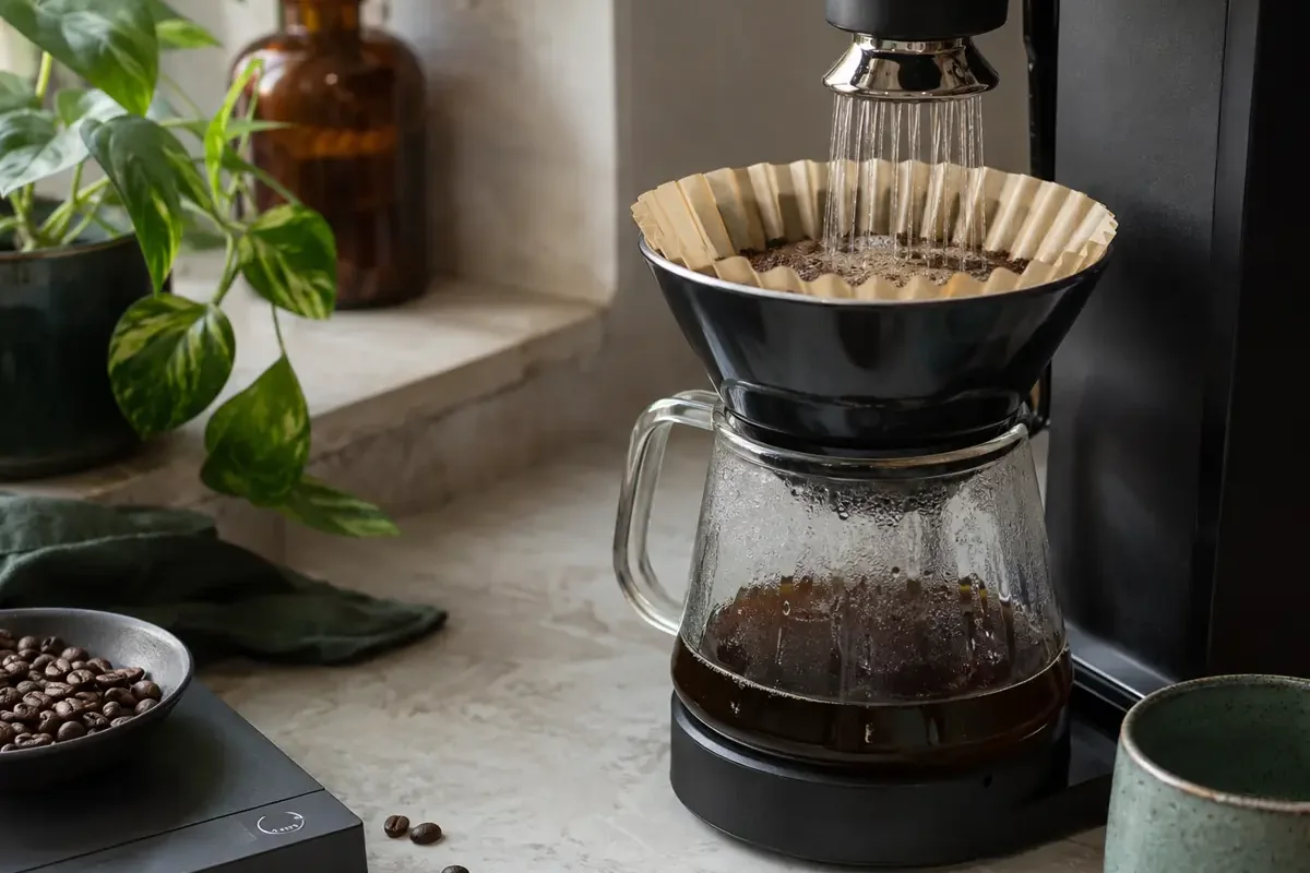 Automatic drip brewer wetting a level bed of medium-ground coffee above a glass carafe