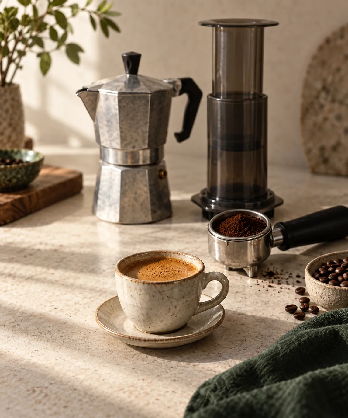 A moka pot and an AeroPress standing beside a loaded portafilter and a small cup of espresso with a crema head