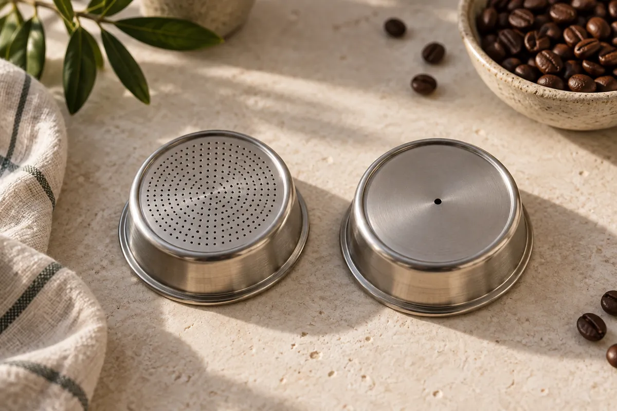 Two portafilter baskets upturned side by side, one perforated across its whole base and one with a single central hole