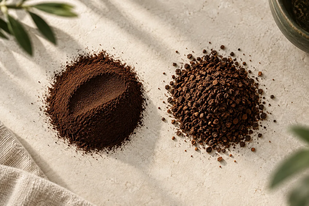 Espresso-fine ground coffee beside a coarser filter grind on a pale stone surface