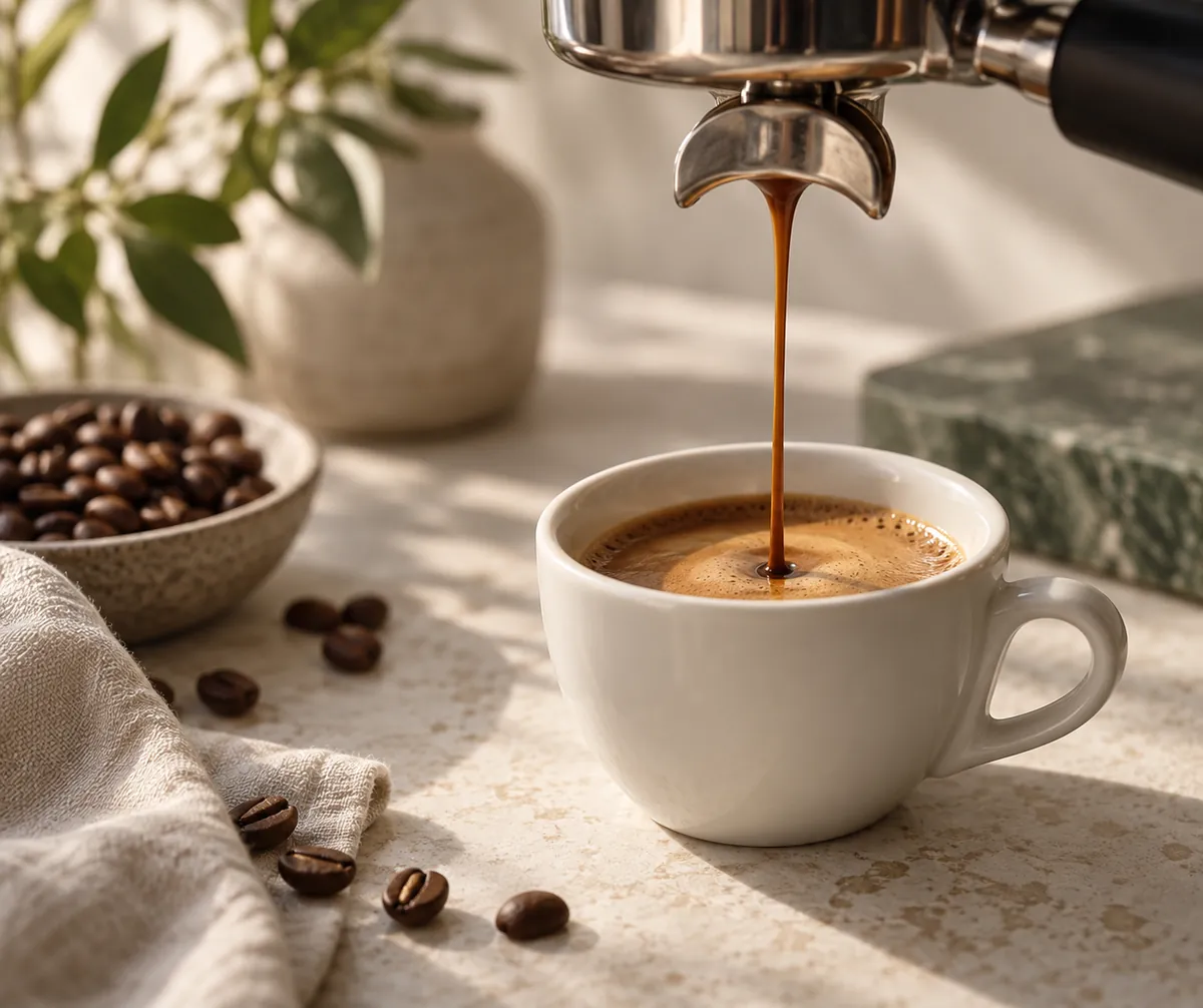 Espresso leaving the portafilter spout as one slow dark thread into a warmed cup with crema building