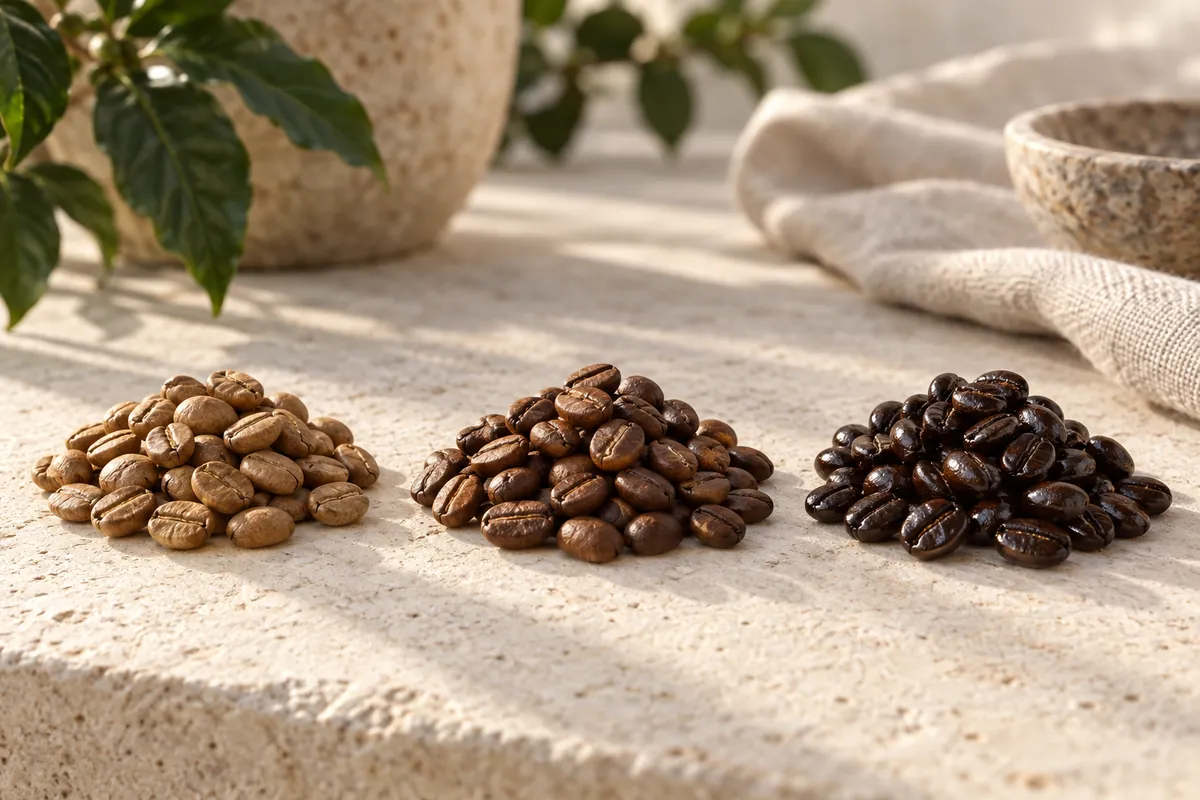 Three heaps of whole coffee beans in a row, pale cinnamon brown, medium chestnut, and dark beans glossy with surface oil
