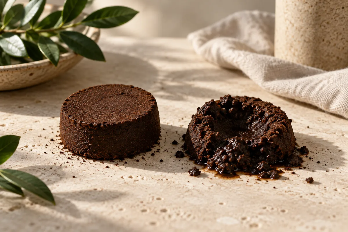 Two spent espresso pucks on a pale stone surface, one dry and intact and one collapsed with a crater through its middle