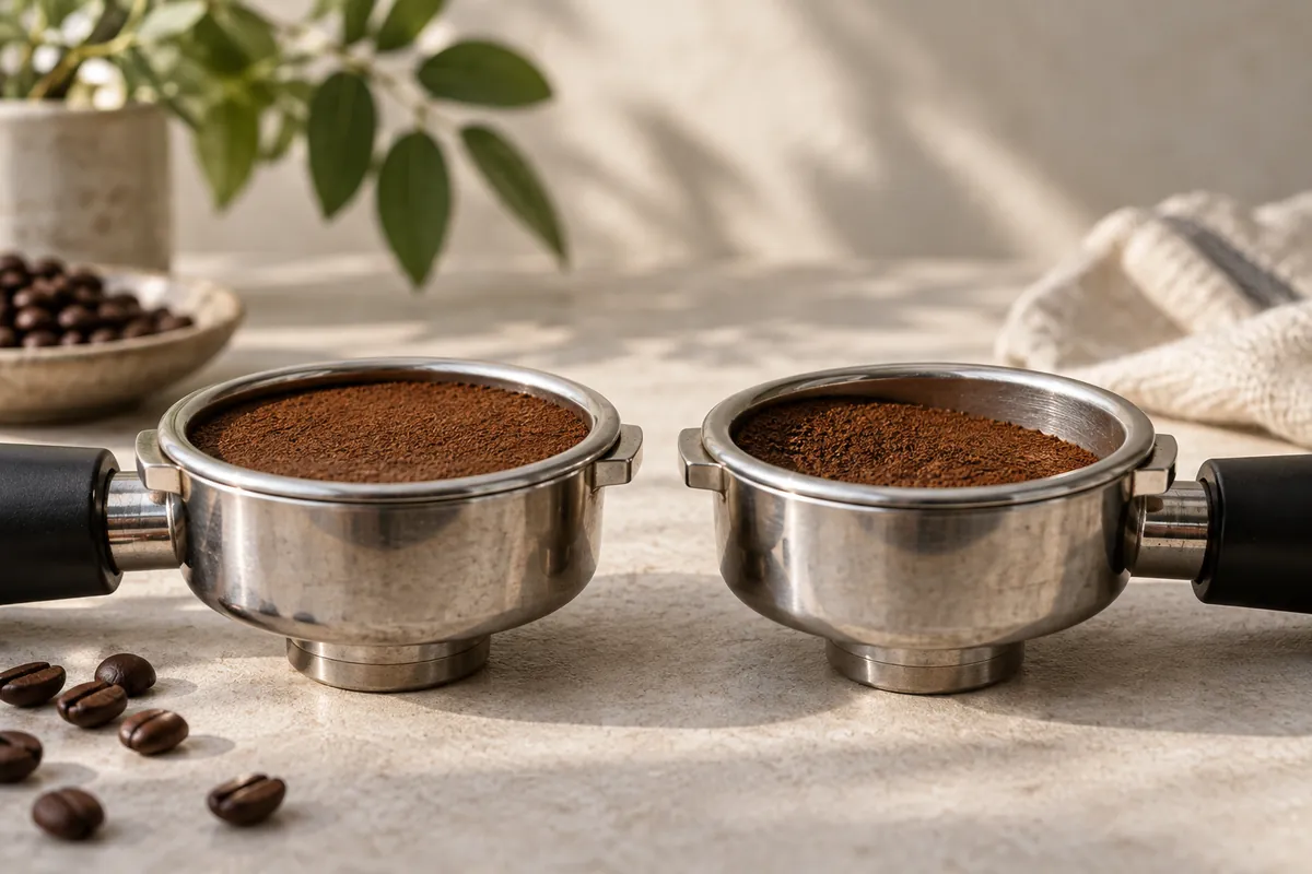 Two portafilter baskets side by side, one with a level tamped coffee bed and one tamped at a tilt