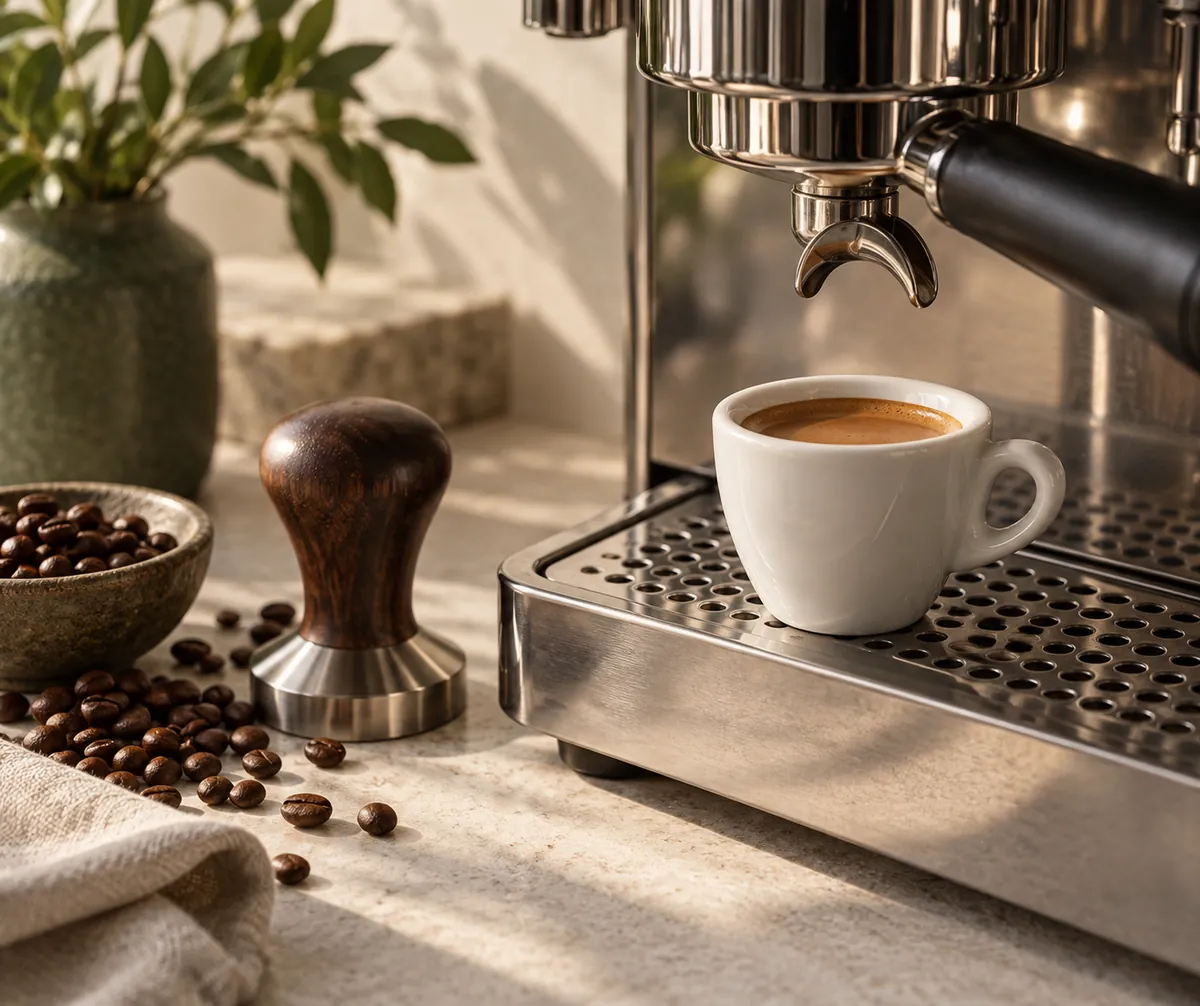 A small cup of espresso with a settled hazel crema standing on the drip tray beneath a locked portafilter, a tamper and loose beans on the counter