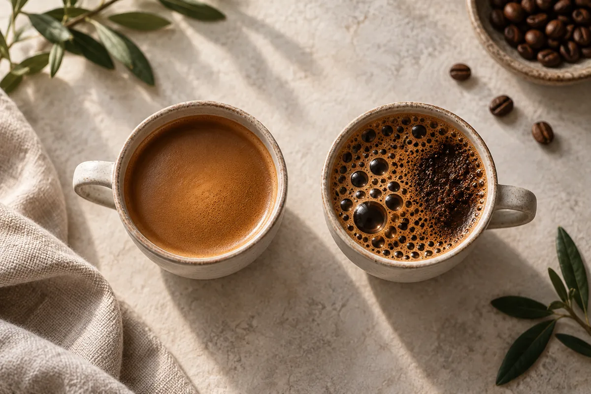 Two coffee surfaces seen from above, one smooth and satin and one pocked with large round bubbles and a dry patch