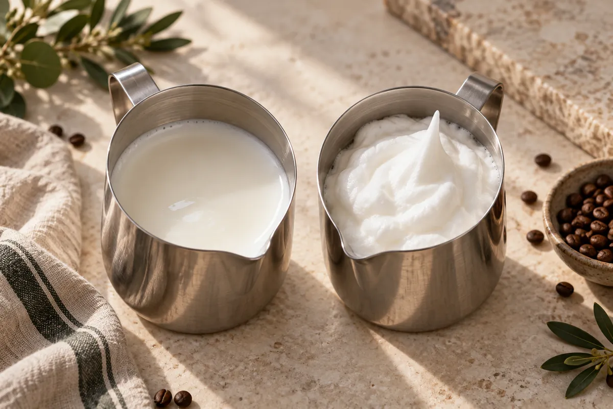 Two stainless jugs of steamed milk, one with a glossy wet paint surface and one holding stiff standing peaks