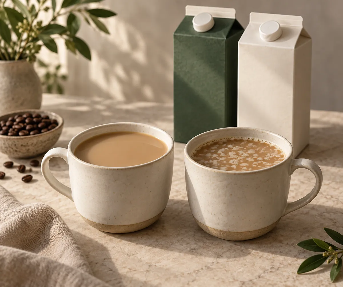 Two cups of white coffee side by side, one smooth and one showing pale curdled flecks and a separated ring