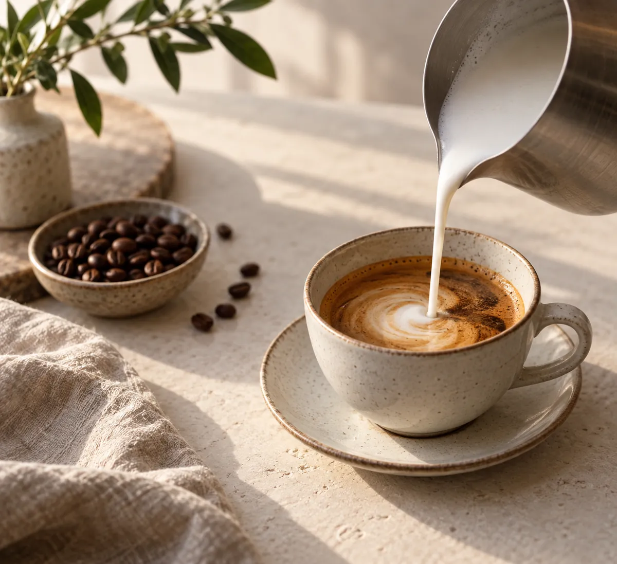 Steamed milk pouring in a thin stream from a jug held low against the flat surface of a cup of espresso