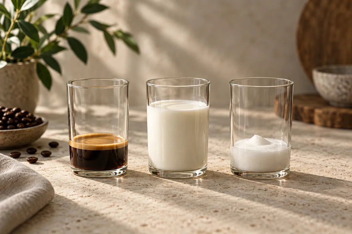 Three straight-sided glasses in a row holding a shallow dark espresso, a taller column of milk, and a shallow band of foam