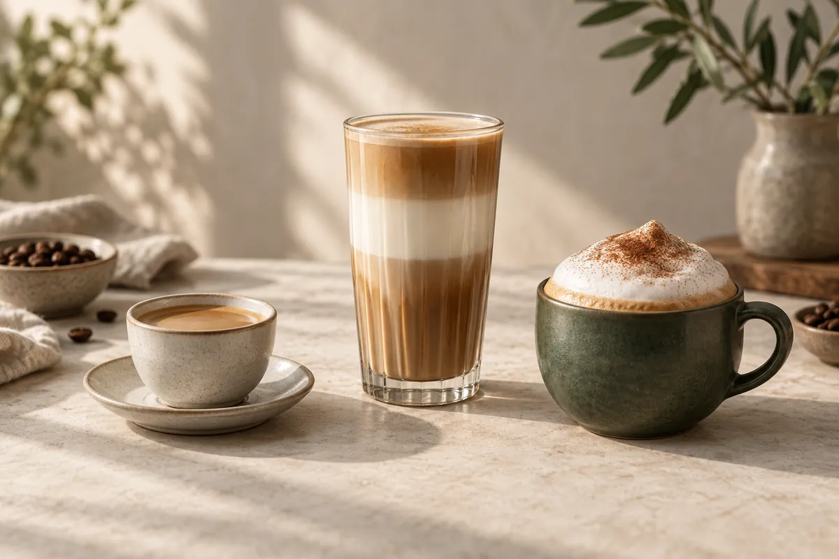 Three coffee cups of different sizes in a row, one with a level surface, one tall with a band of milk, and one topped with a dome of foam