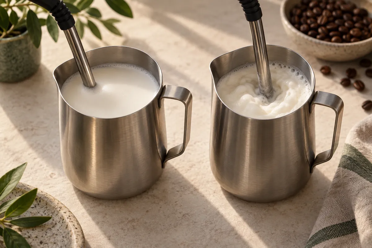 Two milk jugs side by side, one with the steam wand tip just below the surface and one with the wand plunged deep into churning milk