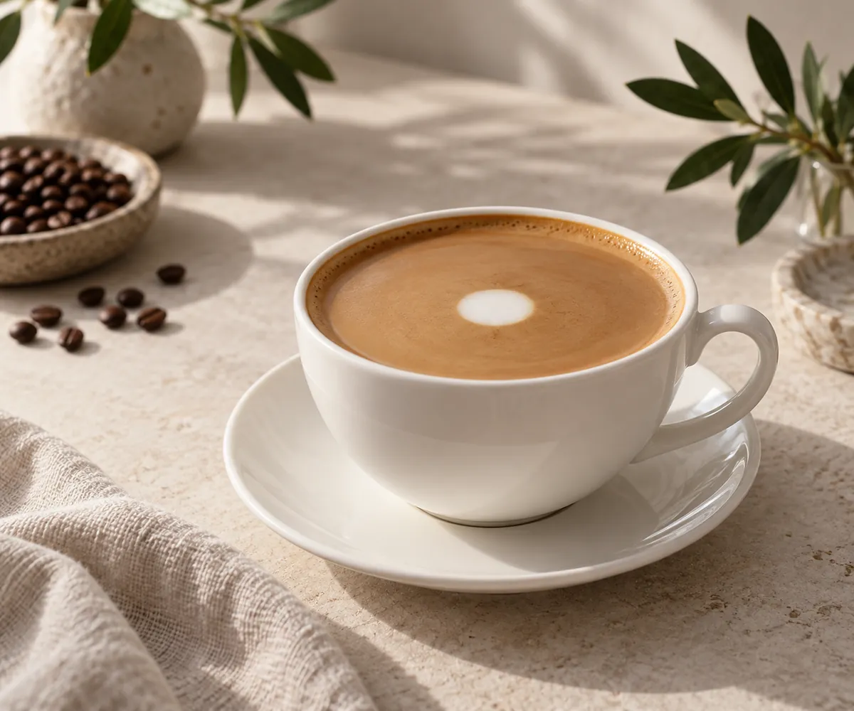 A flat white in a wide white cup with a level glossy surface and a small round white dot of poured milk at its centre