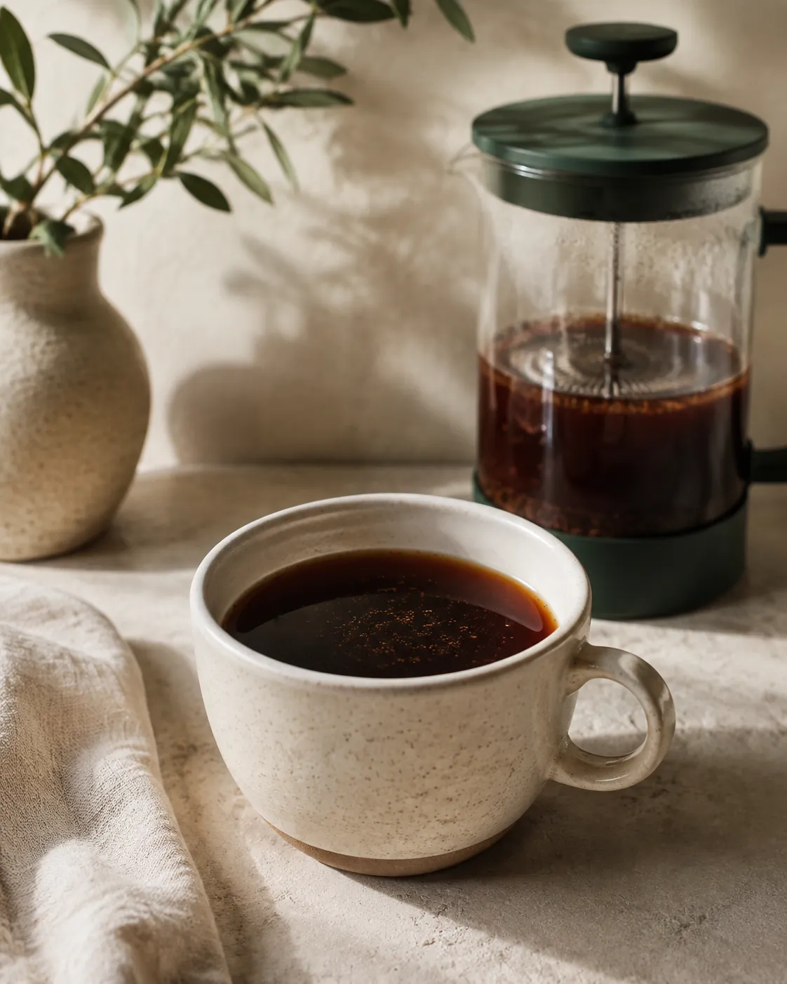 A poured cup of French press coffee held to the light showing fine sediment suspended in it