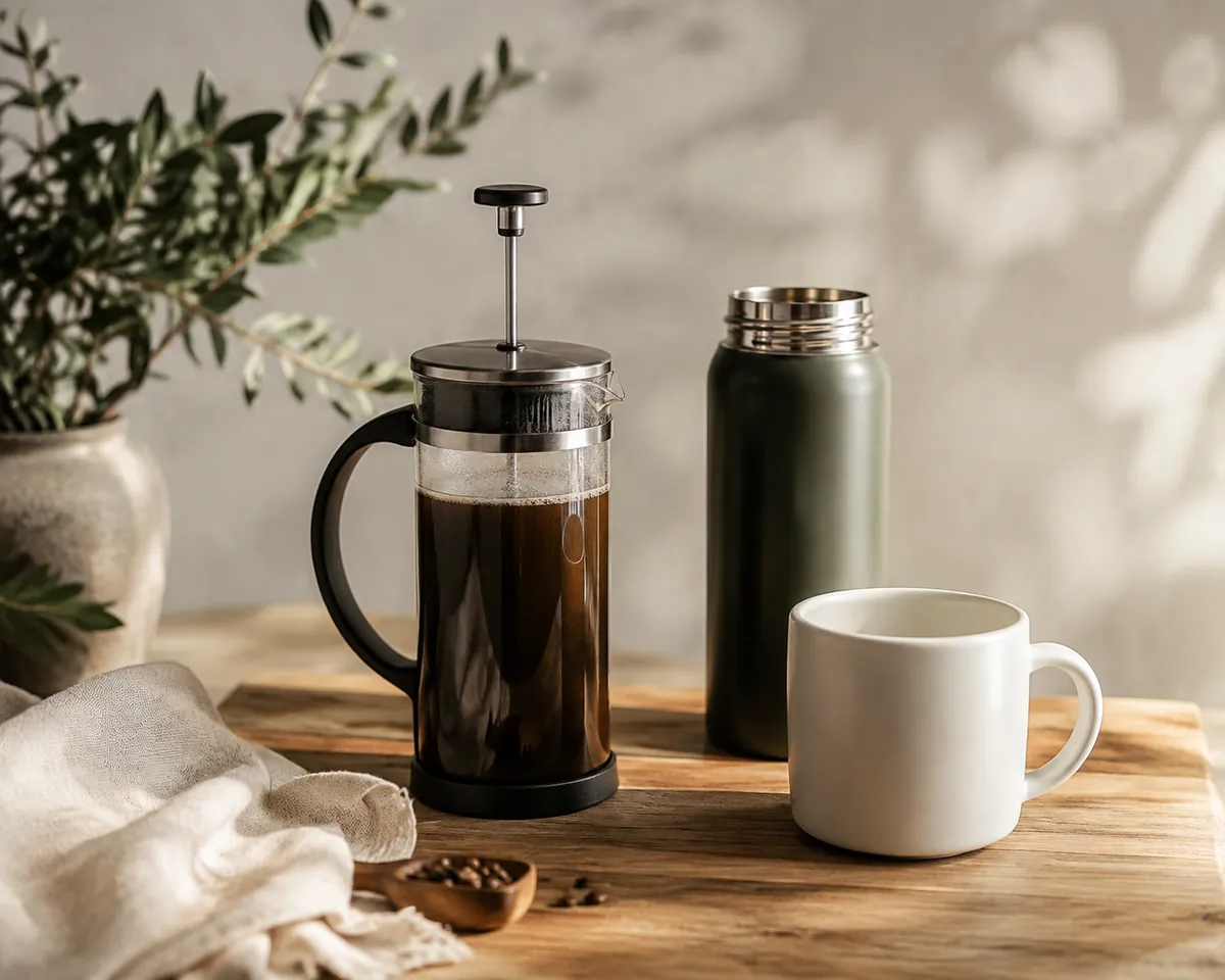 A plunged French press standing on a wooden counter beside an open insulated steel flask and an empty white mug