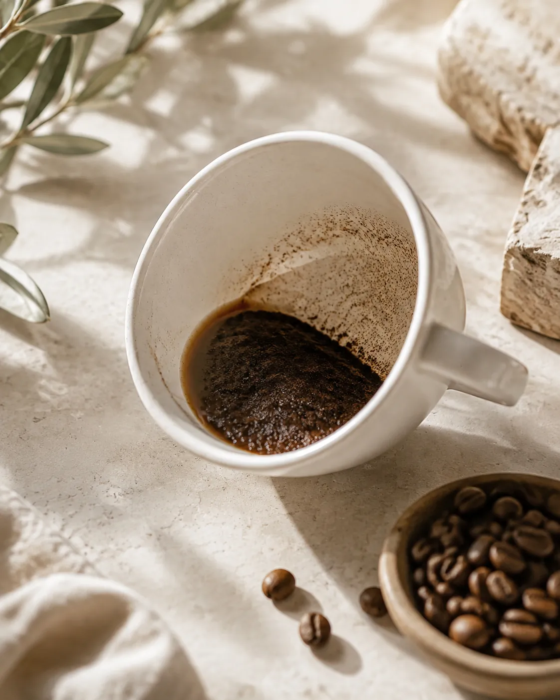 A white cup tilted to show a fine layer of dark coffee sediment settled across the bottom
