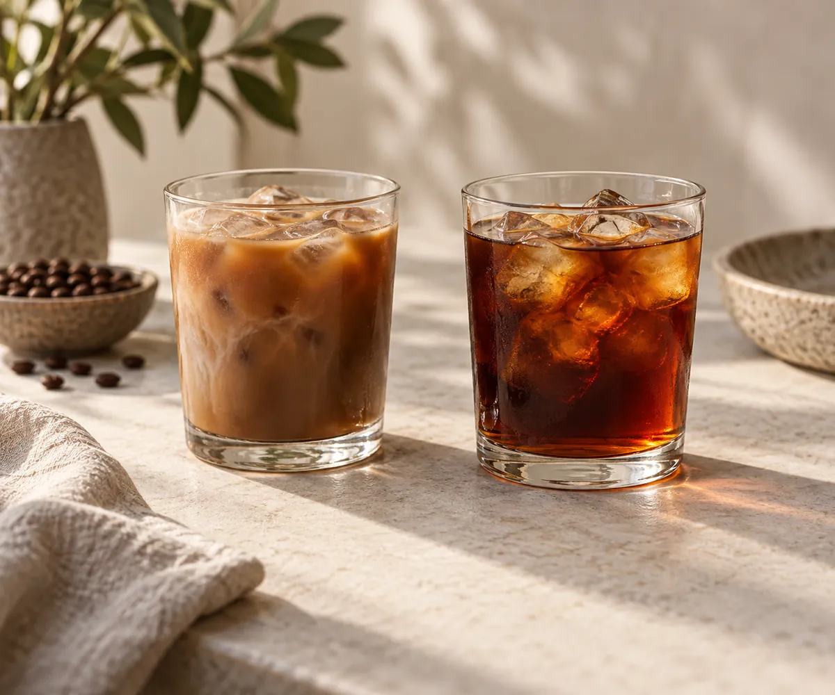 Two glasses of iced coffee, the left dull and slightly hazy and the right clear with a reddish edge
