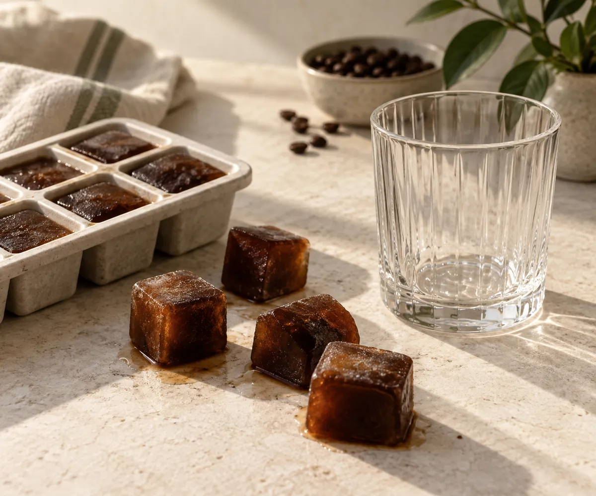 An ice cube tray filled with frozen dark brown coffee cubes with several turned out onto a stone surface