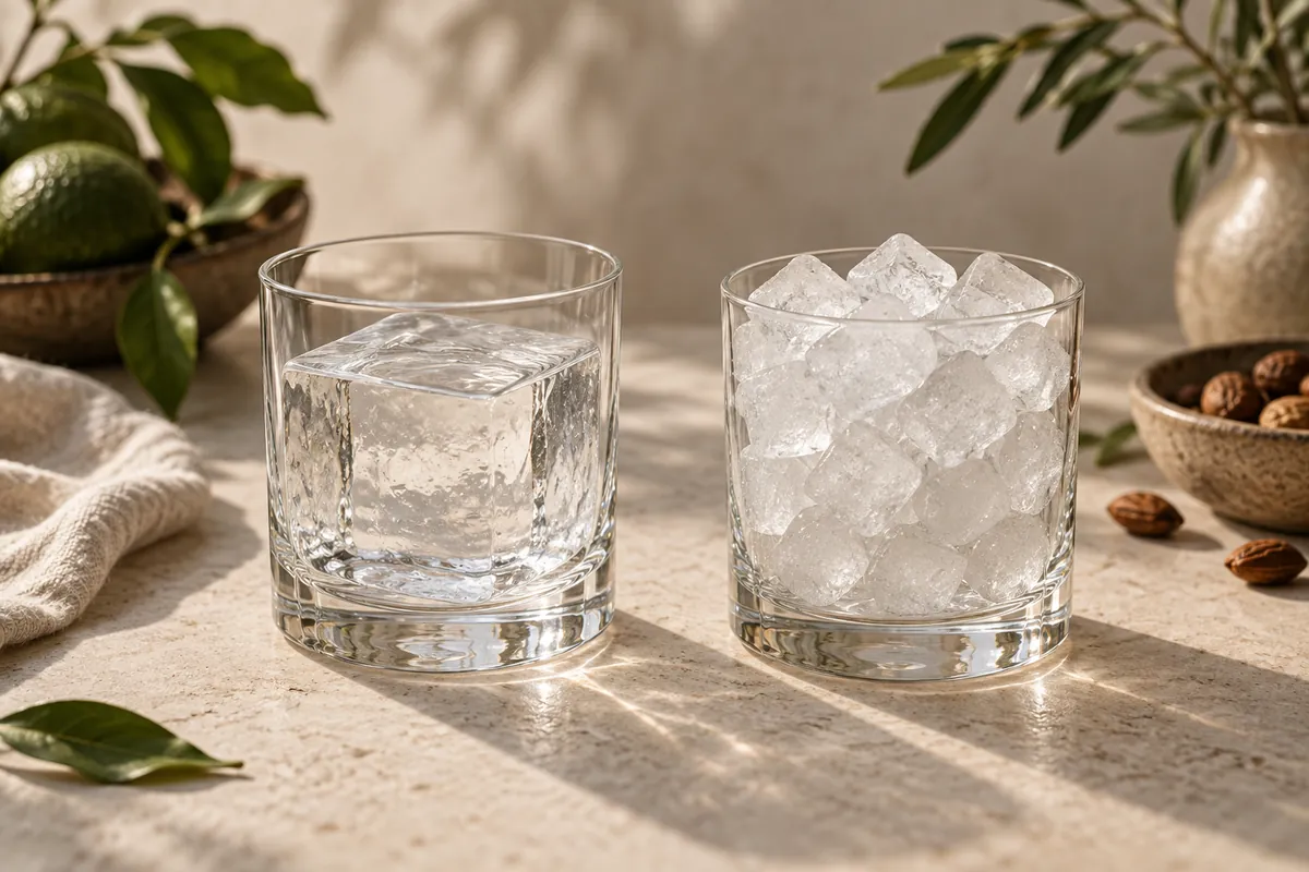 Two glasses side by side, the left holding one large clear cube and the right packed with many small cloudy cubes