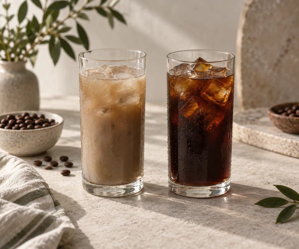 Two tall glasses of iced coffee, the left pale grey-brown with melted ice and the right deep dark brown with sharp-edged cubes