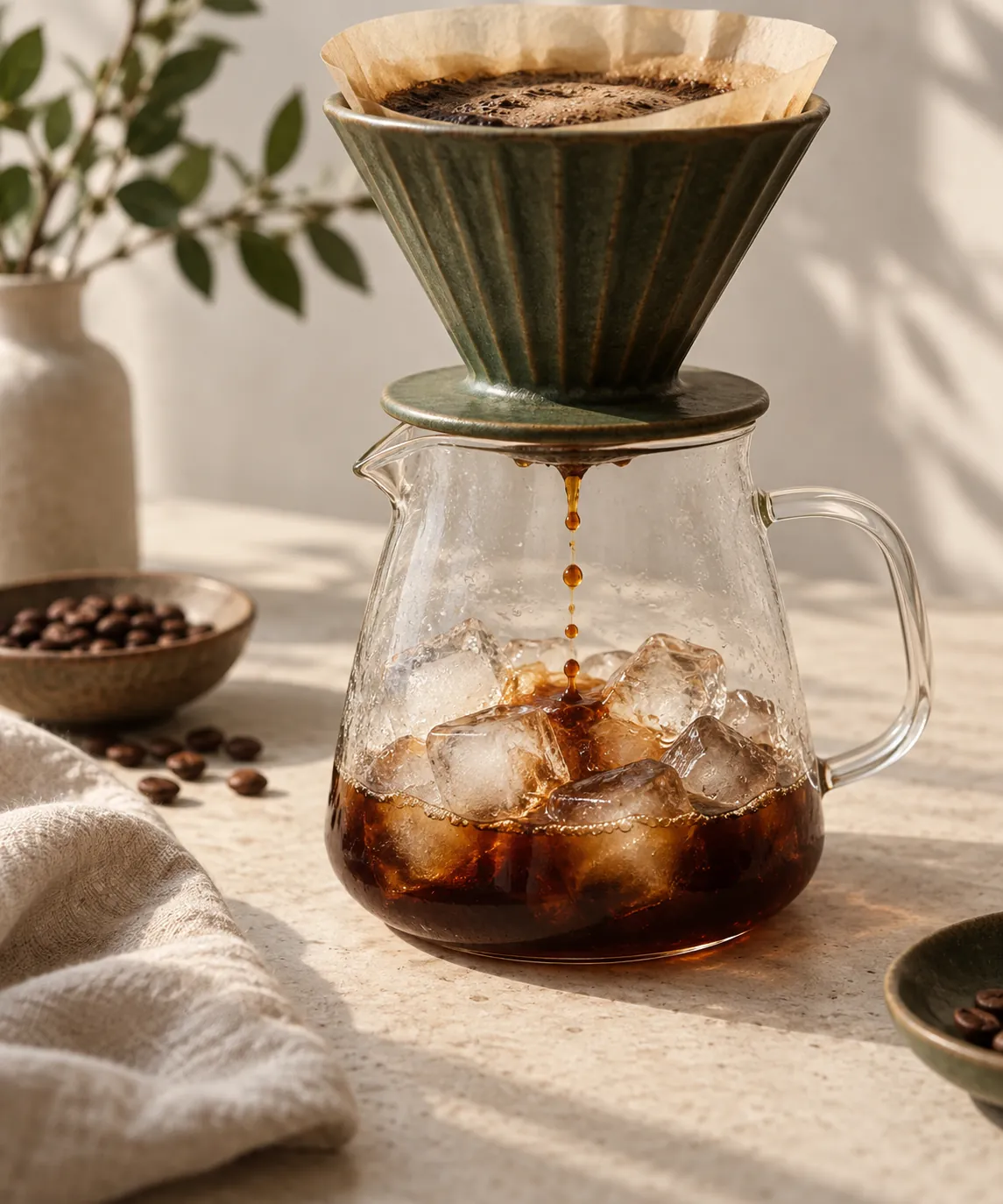 Hot coffee dripping from the base of a pour-over cone onto a bed of ice cubes in the carafe below