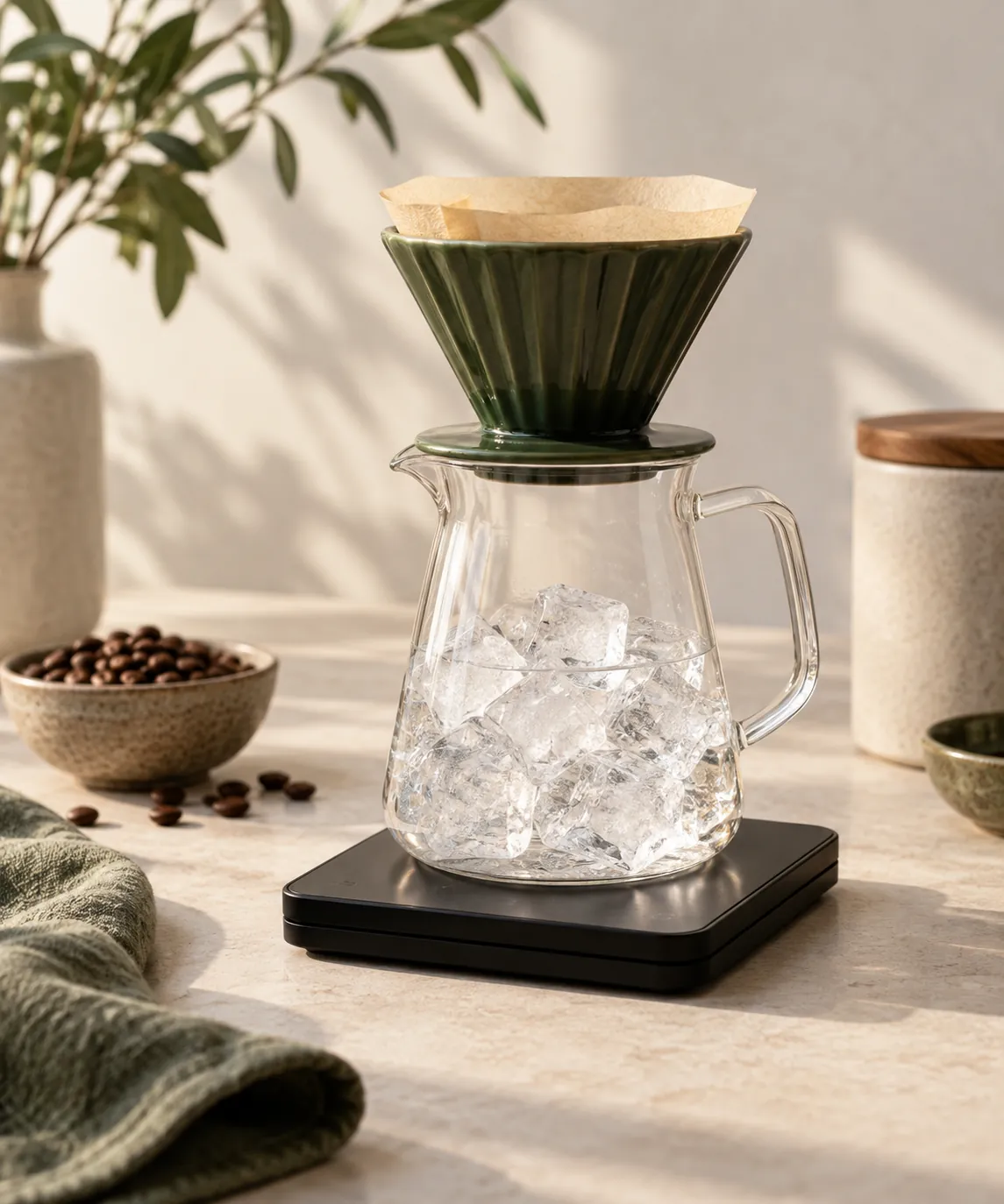 A glass carafe half filled with ice cubes standing on a kitchen scale with a pour-over cone seated on top