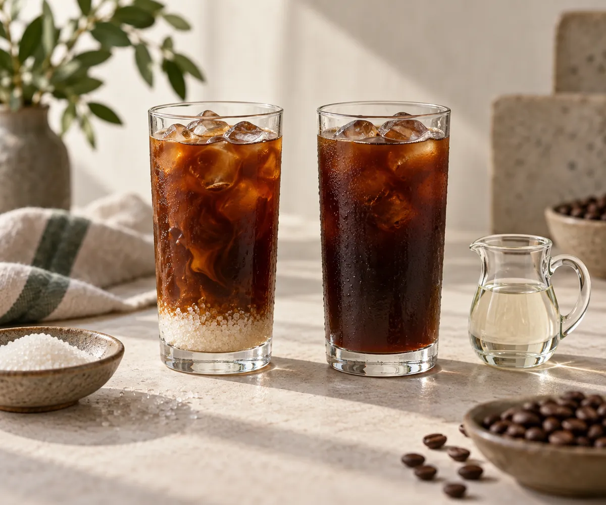 Two tall glasses of iced coffee, the left with undissolved sugar granules settled at the bottom and the right evenly dark