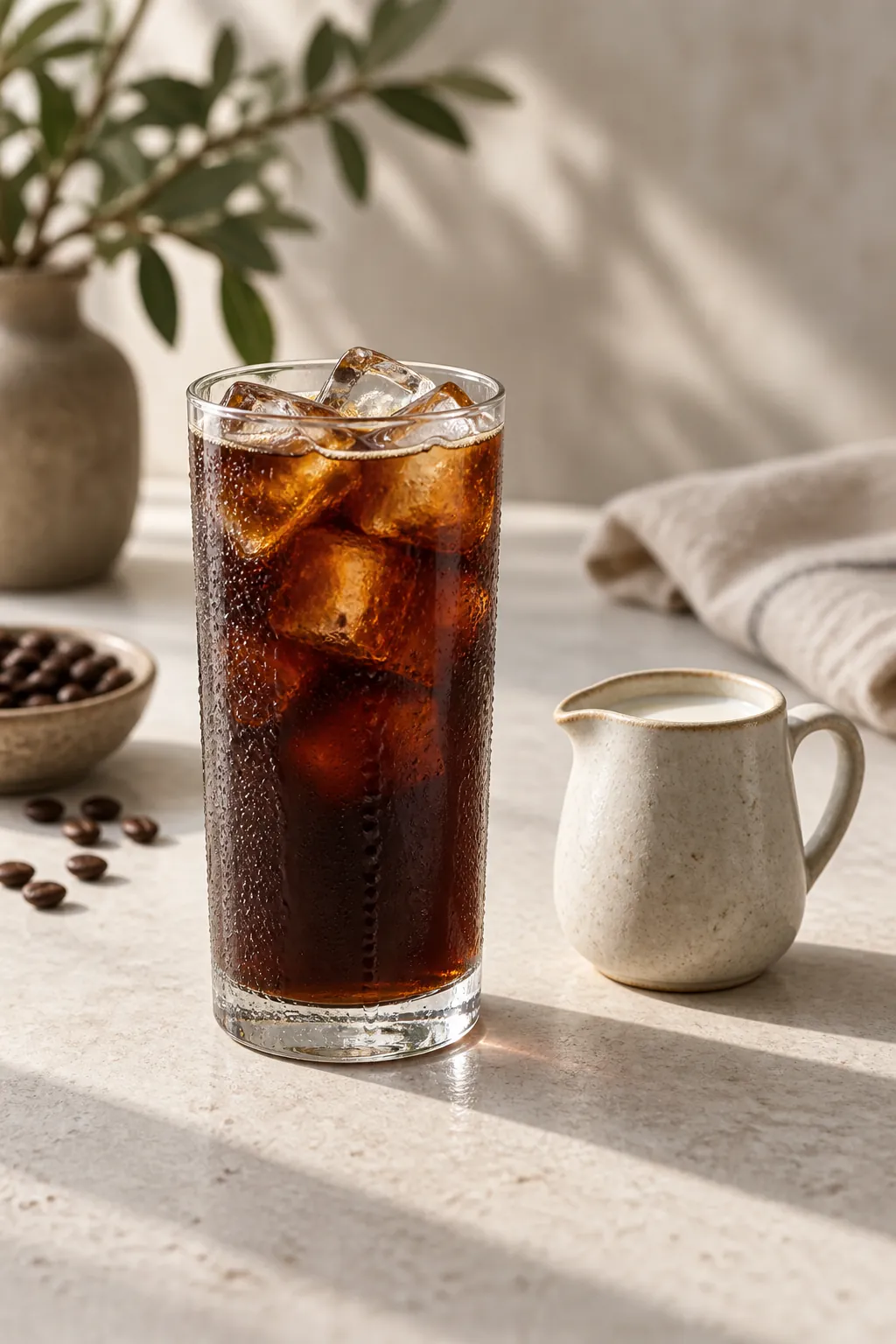 A tall glass of dark iced coffee packed with clear ice cubes on a pale stone counter with a small jug of milk beside it