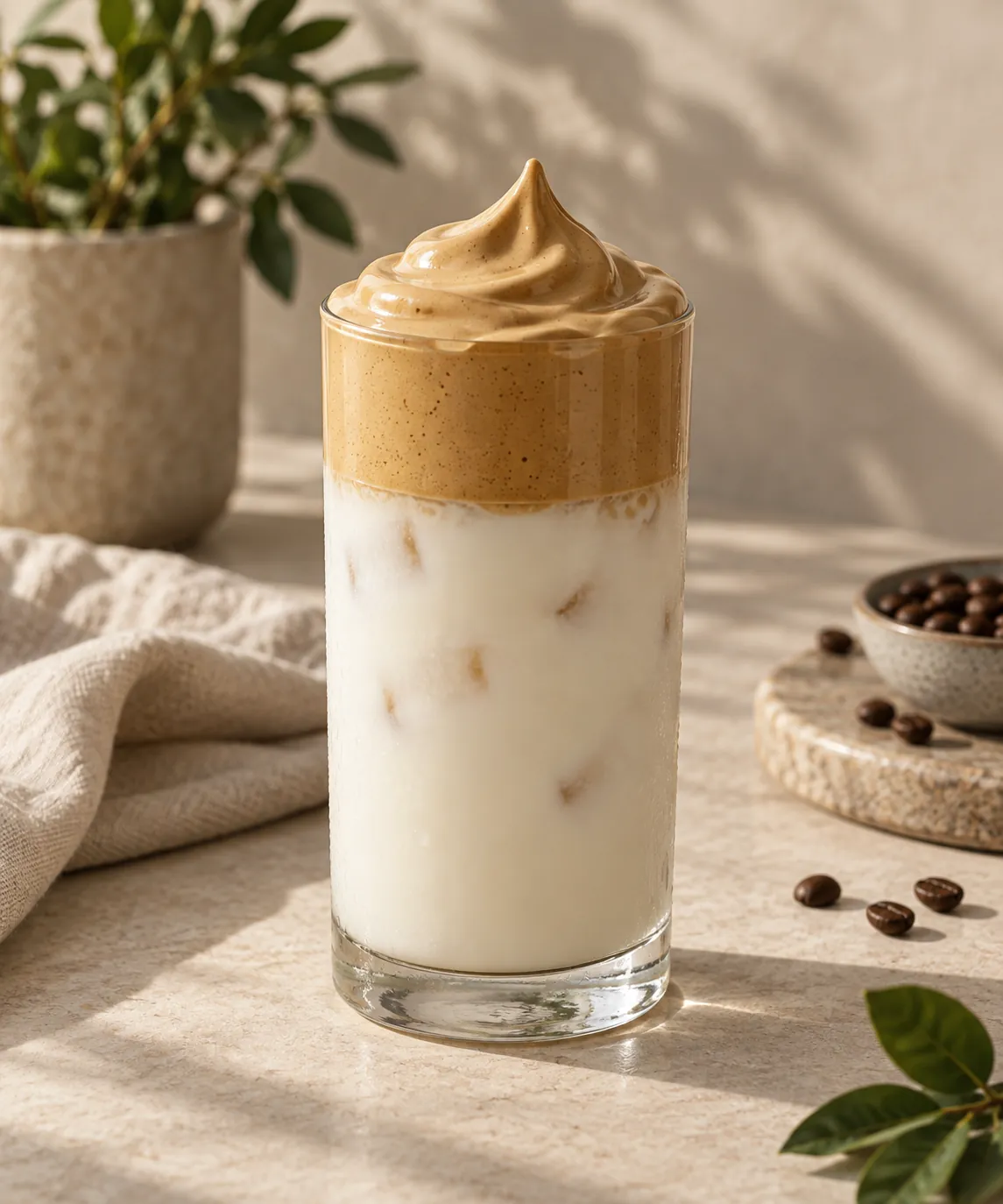 A tall glass of cold milk topped with a thick pale caramel-coloured whipped coffee foam holding soft peaks