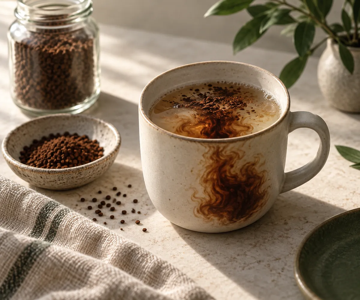 Dark instant coffee granules mid-dissolve in a mug of hot water with a visible swirl of concentrated brown