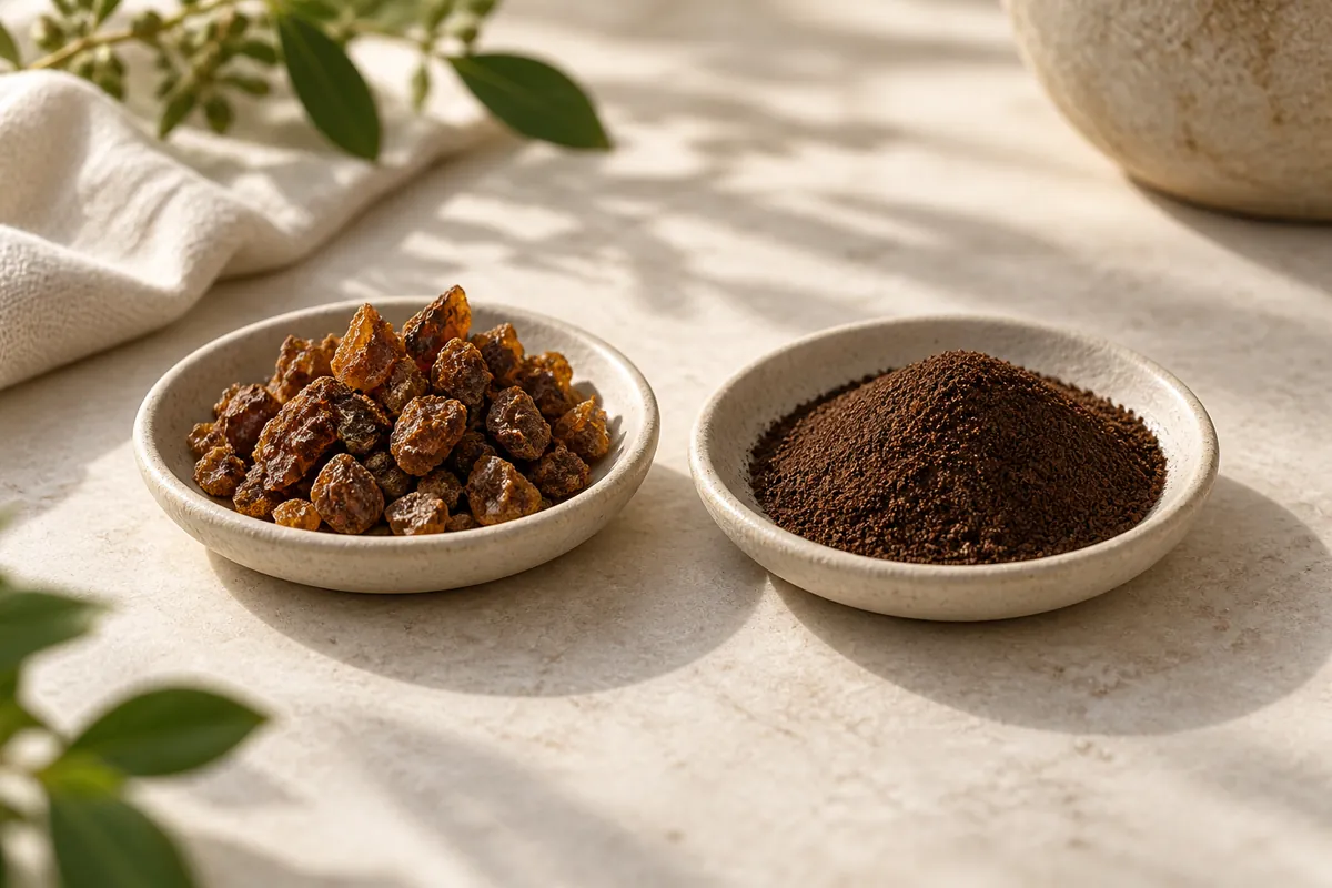 Two shallow dishes side by side, the left holding irregular chunky amber-brown freeze-dried crystals, the right a uniform fine dark powder