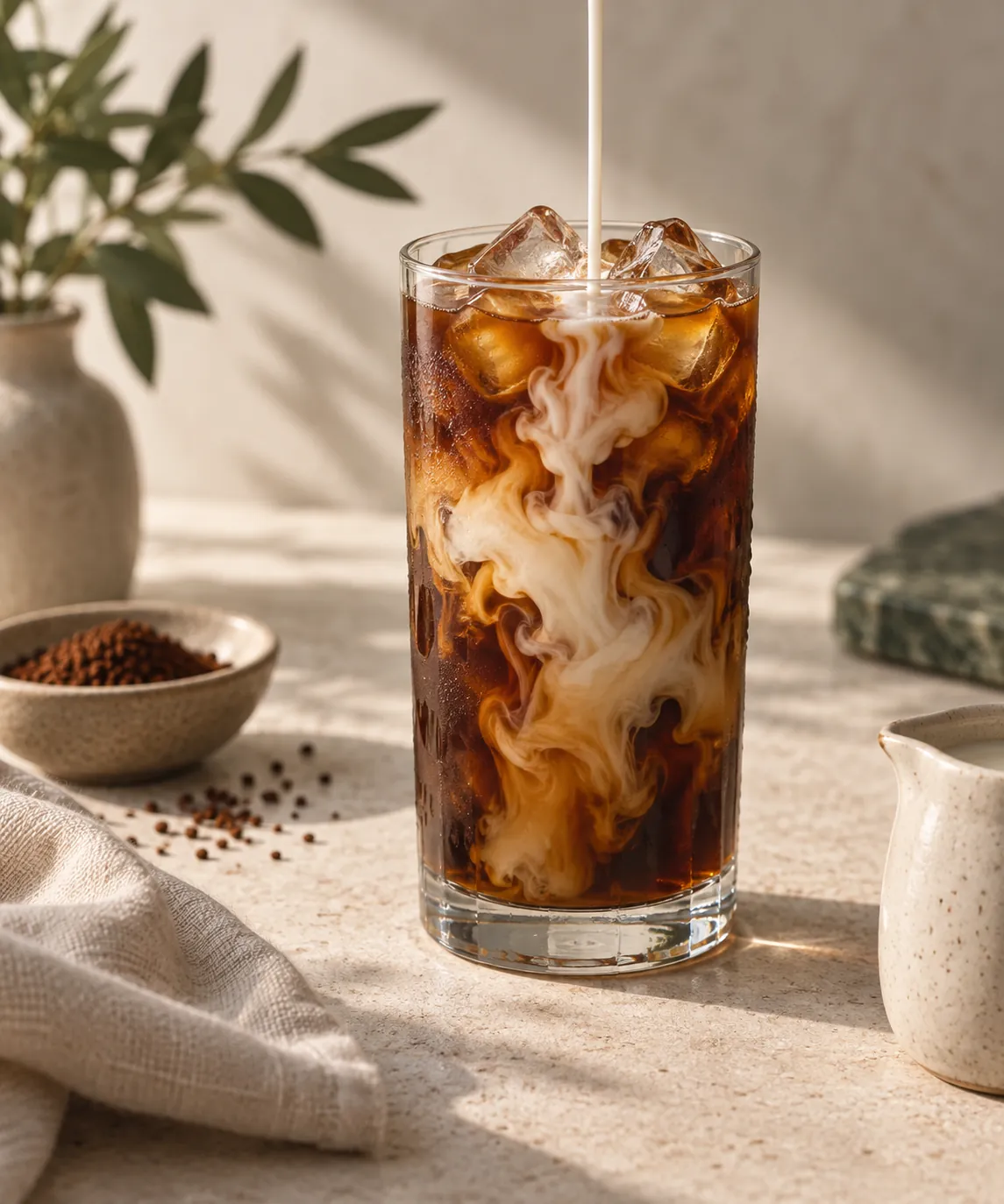 A tall glass packed with ice and filled with dark instant coffee with a thin ribbon of milk falling through it