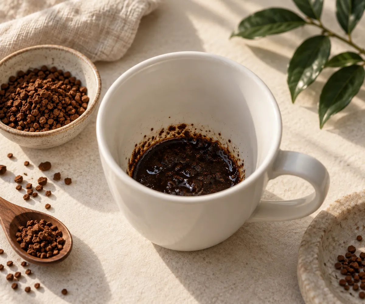The base of a white mug holding a small pool of thick glossy dark coffee paste made from granules