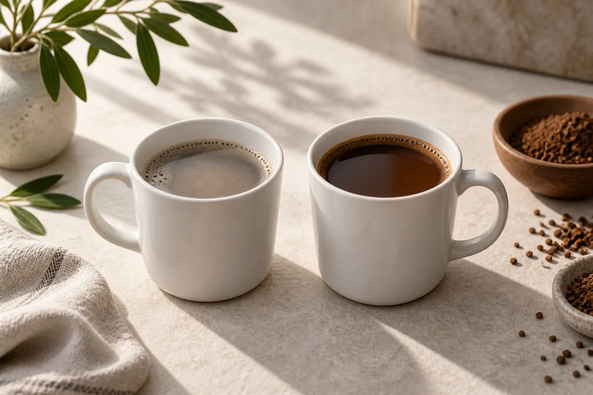 Two white mugs of instant coffee side by side, the left thin and greyish and the right a deep opaque brown