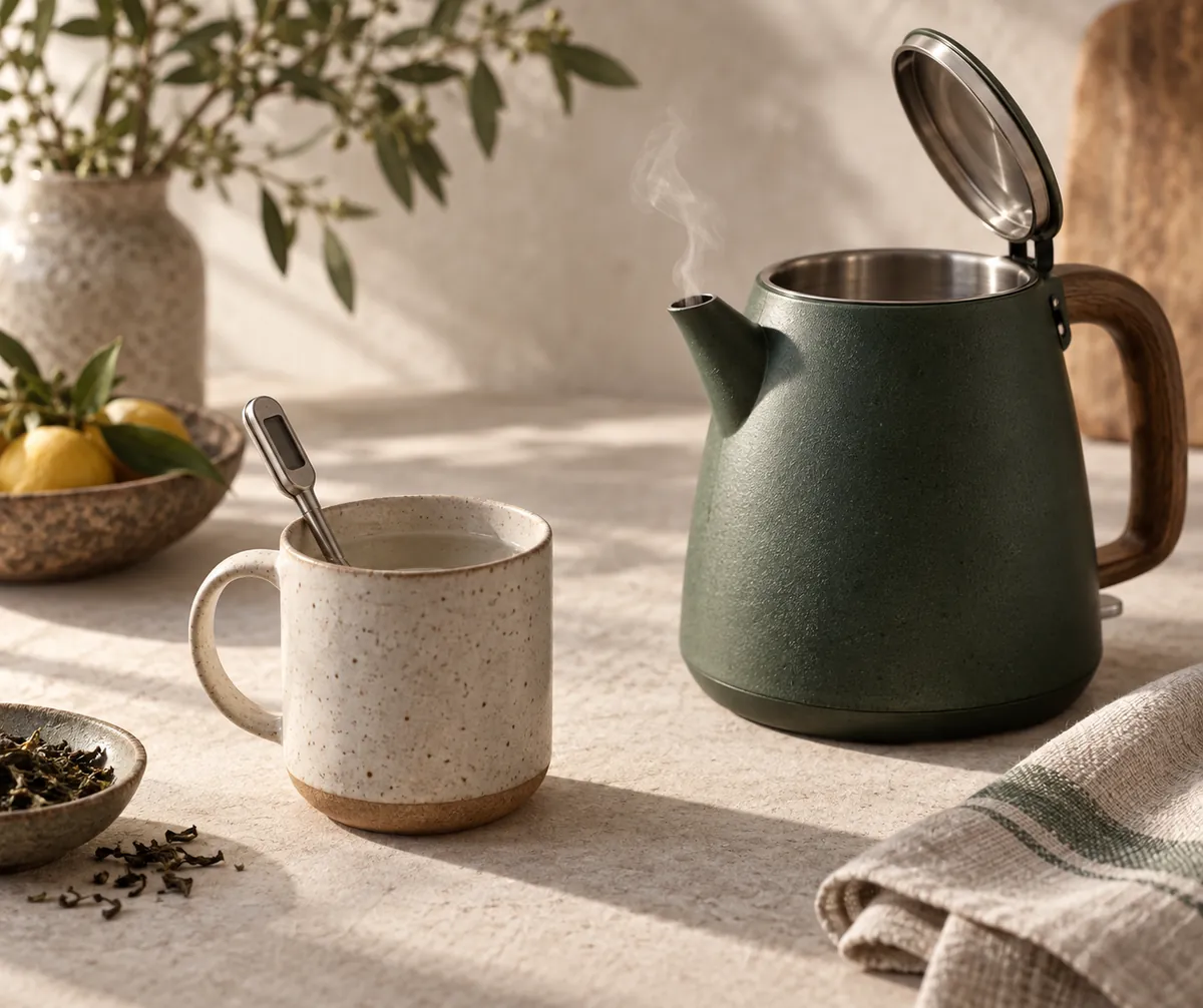 An open kettle beside a mug with slow faint steam lifting from the spout rather than a rolling boil