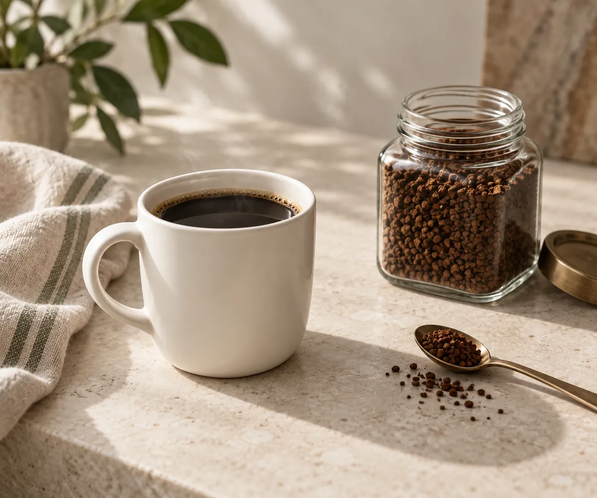 A plain white mug of black coffee on a pale stone counter beside an open glass jar of dark brown instant coffee granules