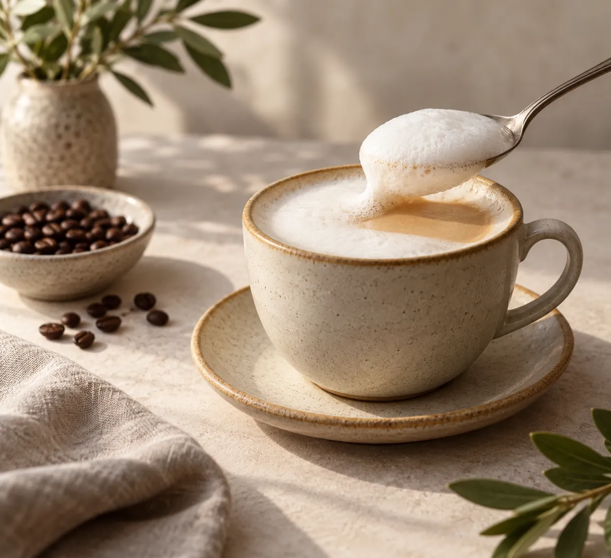 A spoon lifting a thin white layer of foam clear of the surface of a latte, showing about a centimetre above the milk