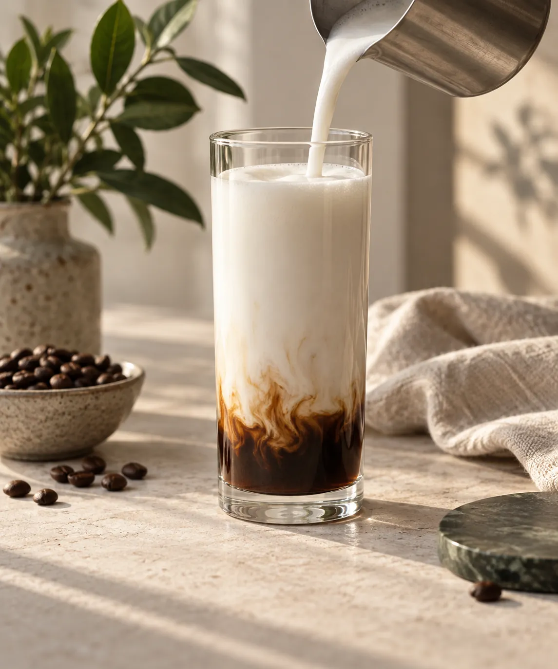 A tall clear glass being filled with steamed milk over a dark espresso base, the milk rising well above the coffee