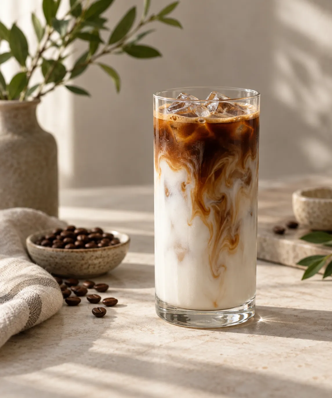 A tall glass of cold milk over ice with a dark espresso shot sinking through it in visible brown ribbons