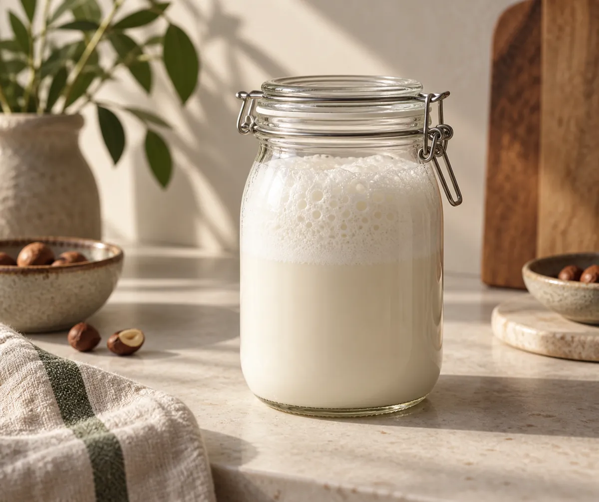 A sealed glass jar standing on a counter holding milk shaken to a thick head of foam filling the top third