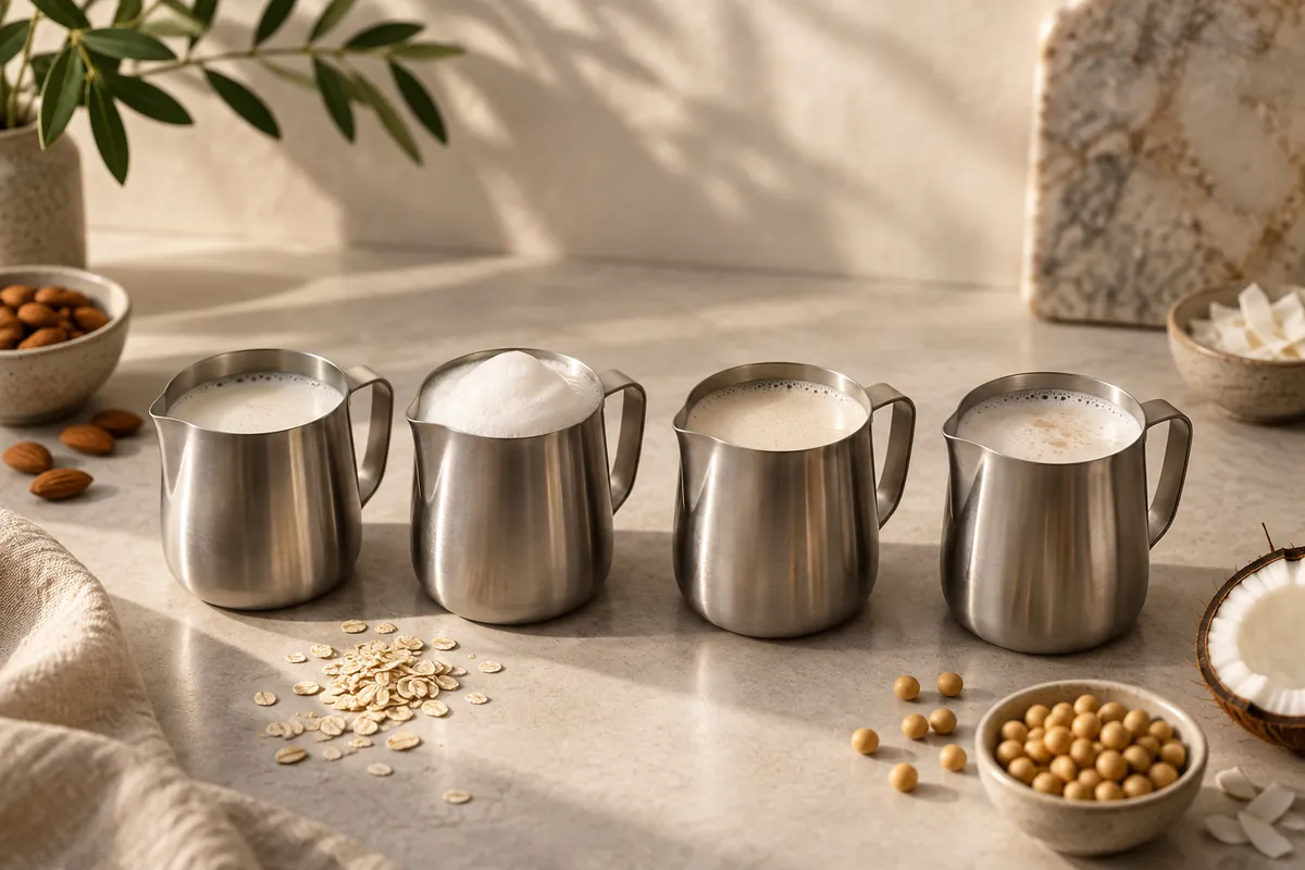 Four small stainless jugs in a row each holding a different milk with a different depth of foam
