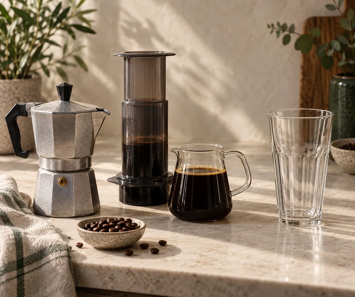 A moka pot, an AeroPress and a jug of very strong dark filter coffee standing together beside an empty latte glass