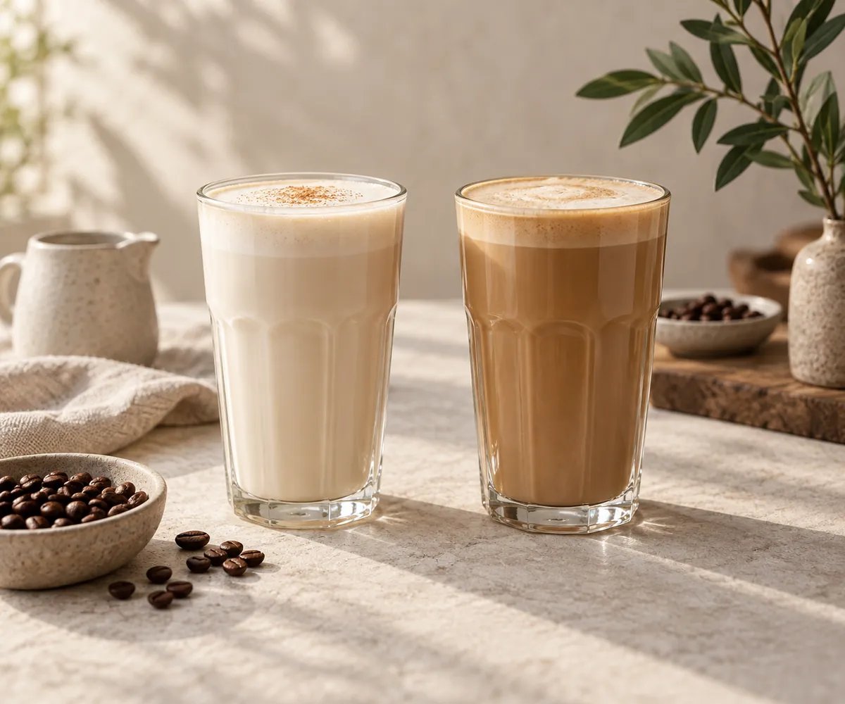 Two tall latte glasses side by side, the left almost white and milky and the right a warm even coffee brown
